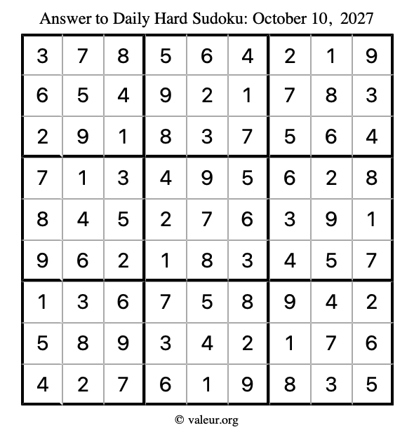 Answer to hard sudoku October 10, 2027