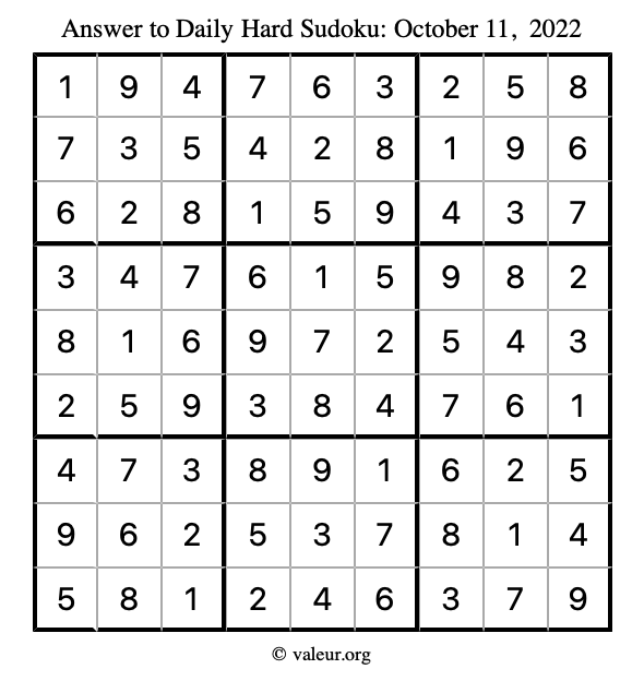 Answer to hard sudoku October 11, 2022