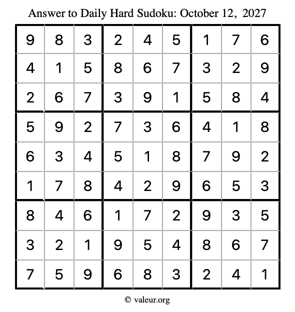Answer to hard sudoku October 12, 2027