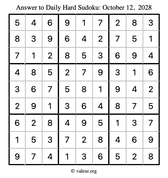 Answer to hard sudoku October 12, 2028