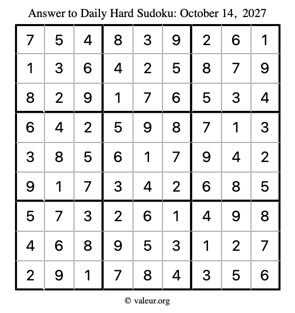 Answer to hard sudoku October 14, 2027