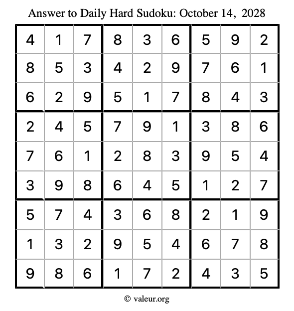 Answer to hard sudoku October 14, 2028