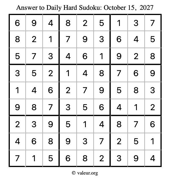 Answer to hard sudoku October 15, 2027