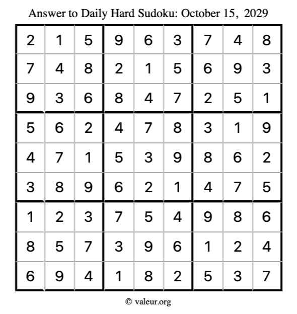 Answer to hard sudoku October 15, 2029