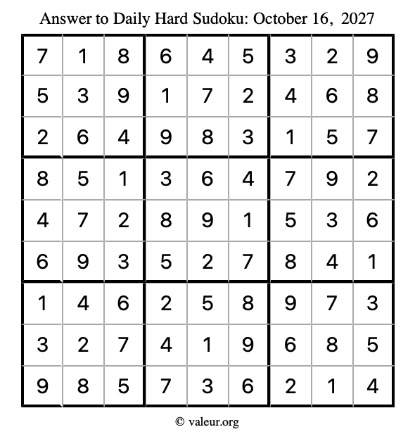 Answer to hard sudoku October 16, 2027