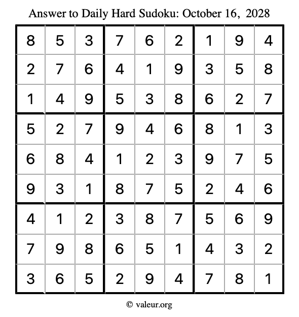 Answer to hard sudoku October 16, 2028