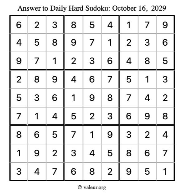 Answer to hard sudoku October 16, 2029