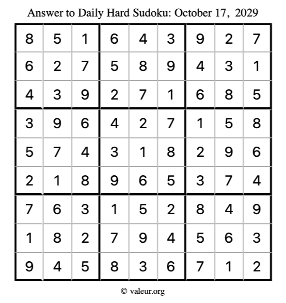 Answer to hard sudoku October 17, 2029