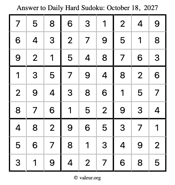 Answer to hard sudoku October 18, 2027