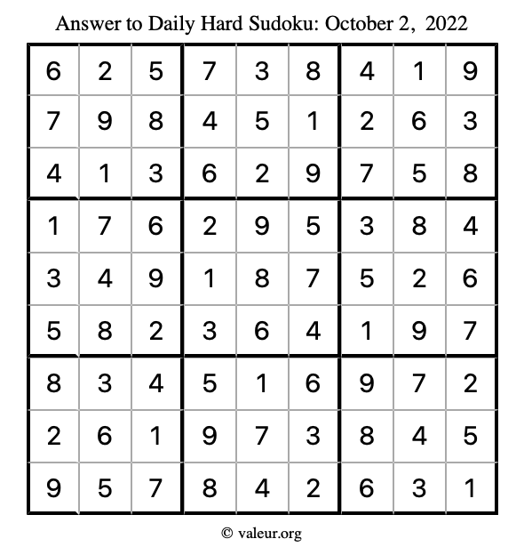 Answer to hard sudoku October 2, 2022