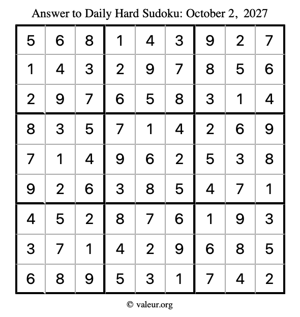 Answer to hard sudoku October 2, 2027
