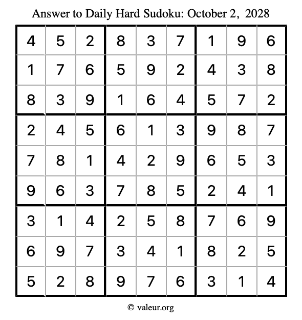 Answer to hard sudoku October 2, 2028
