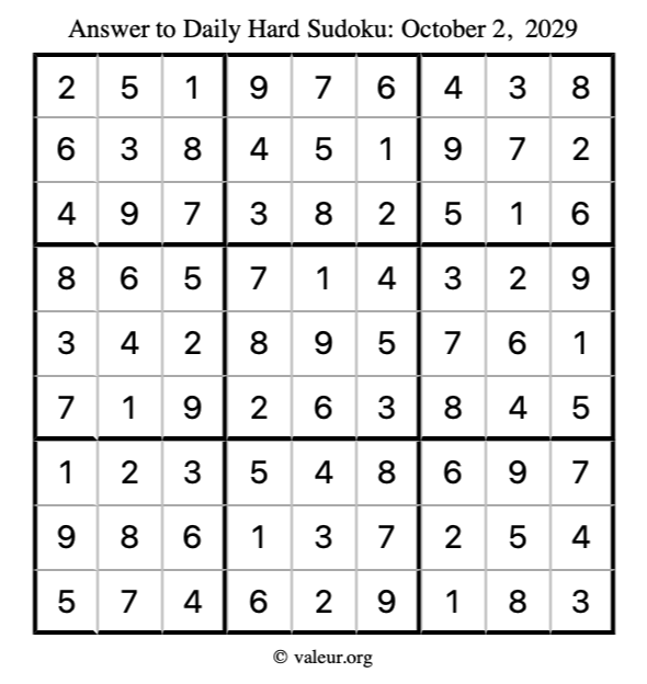 Answer to hard sudoku October 2, 2029
