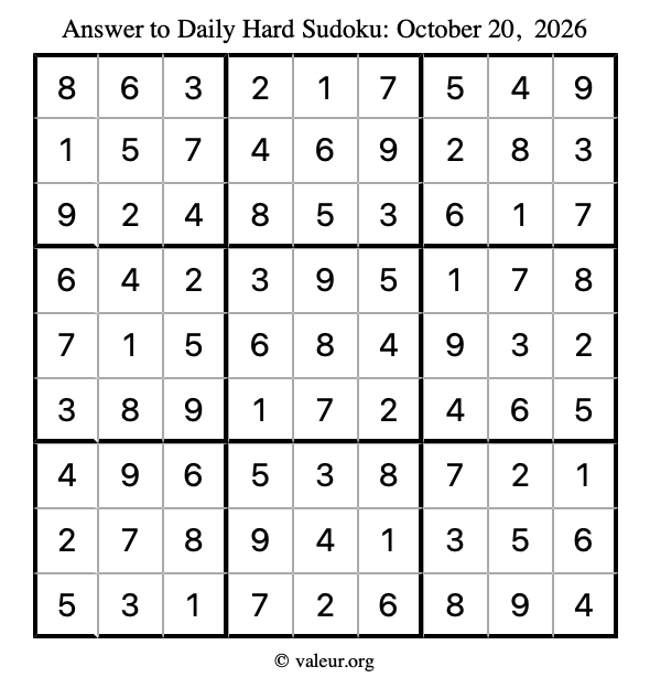 Answer to hard sudoku October 20, 2026