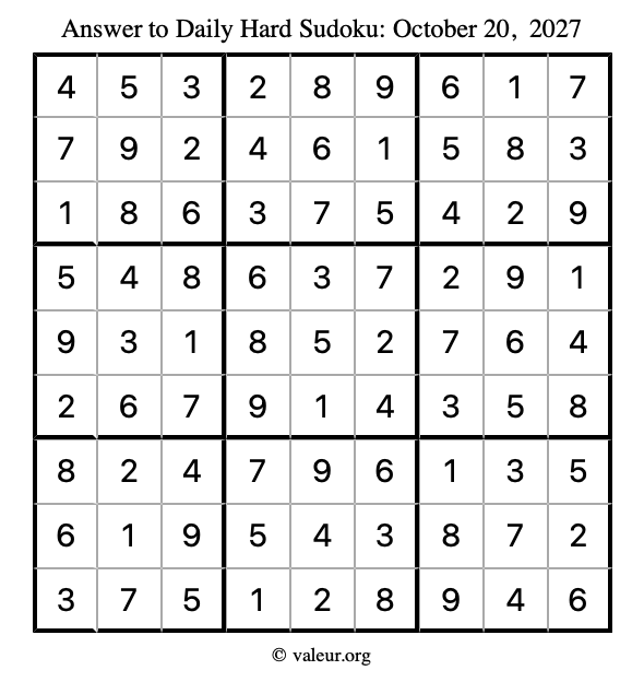 Answer to hard sudoku October 20, 2027
