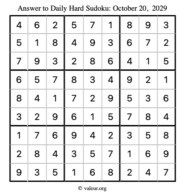 Answer to hard sudoku October 20, 2029
