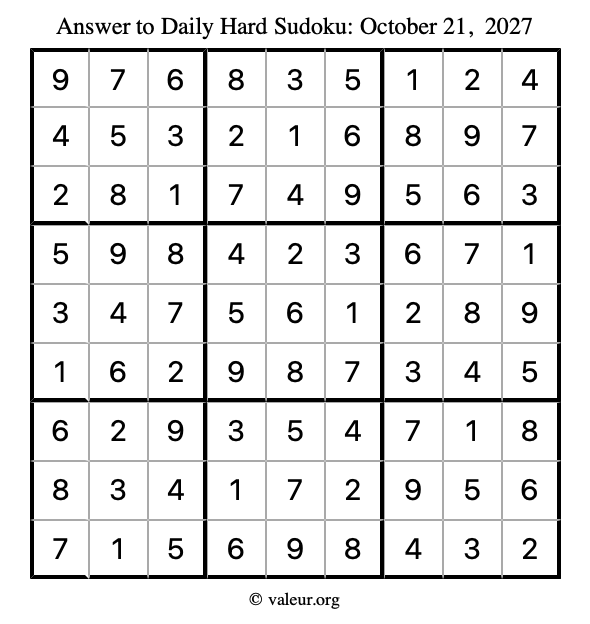 Answer to hard sudoku October 21, 2027