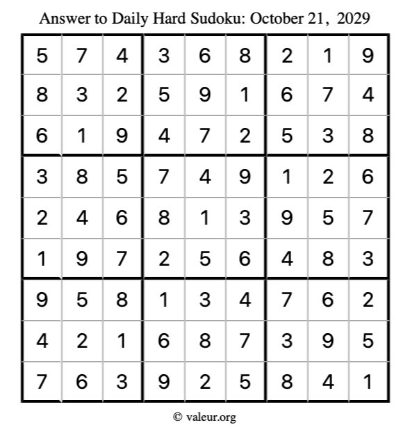 Answer to hard sudoku October 21, 2029