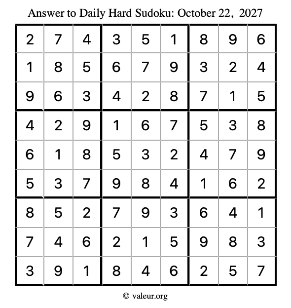 Answer to hard sudoku October 22, 2027