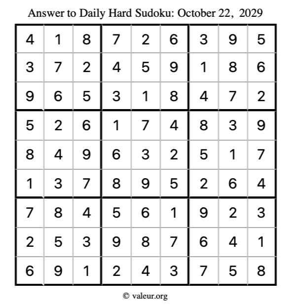 Answer to hard sudoku October 22, 2029
