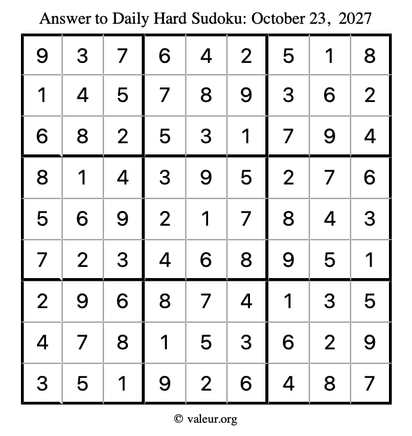 Answer to hard sudoku October 23, 2027