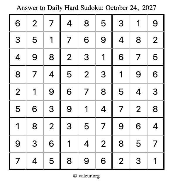Answer to hard sudoku October 24, 2027