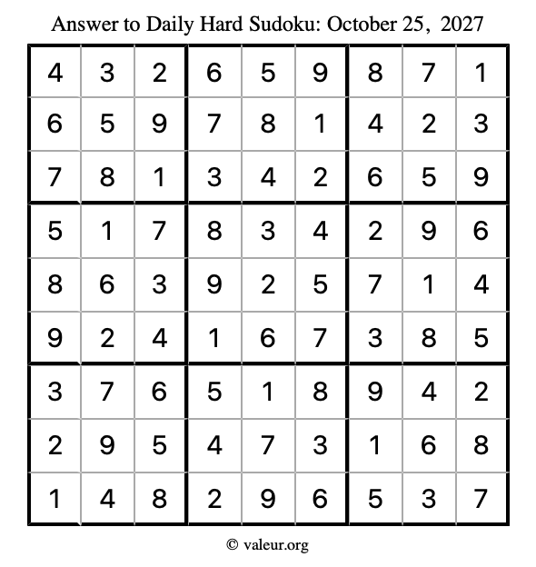 Answer to hard sudoku October 25, 2027