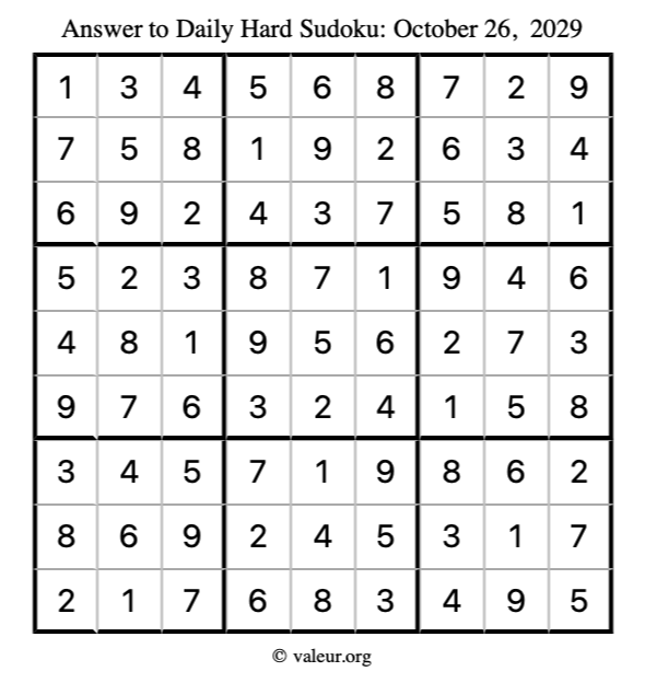 Answer to hard sudoku October 26, 2029