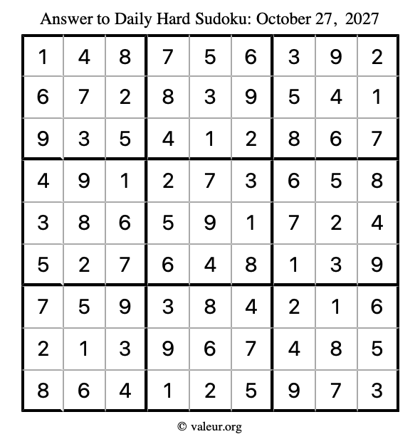 Answer to hard sudoku October 27, 2027