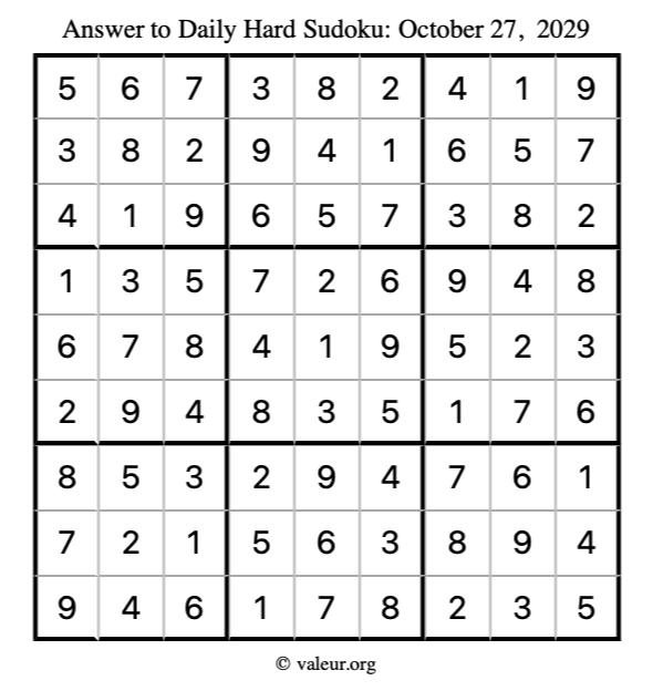 Answer to hard sudoku October 27, 2029