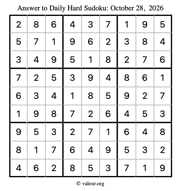 Answer to hard sudoku October 28, 2026