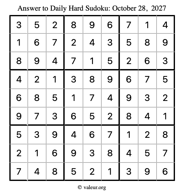 Answer to hard sudoku October 28, 2027