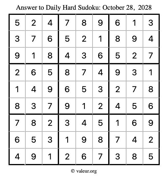 Answer to hard sudoku October 28, 2028