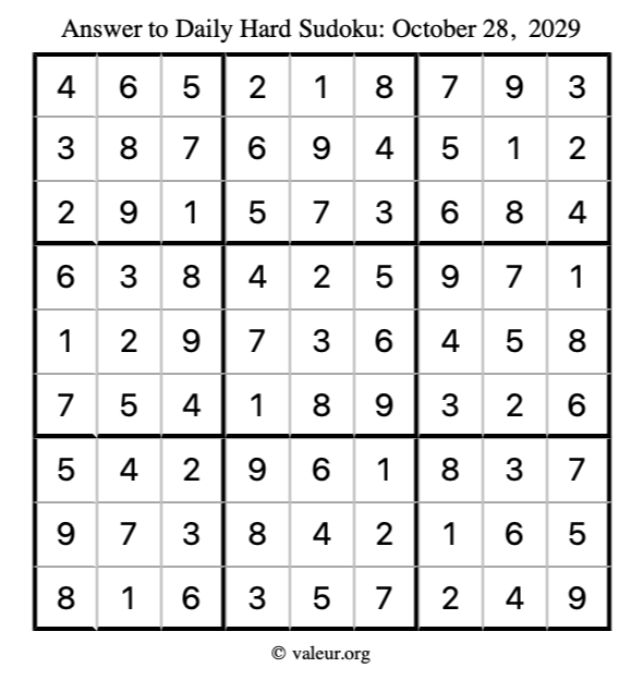 Answer to hard sudoku October 28, 2029