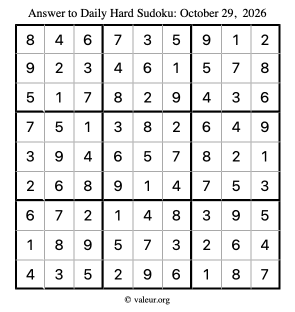 Answer to hard sudoku October 29, 2026