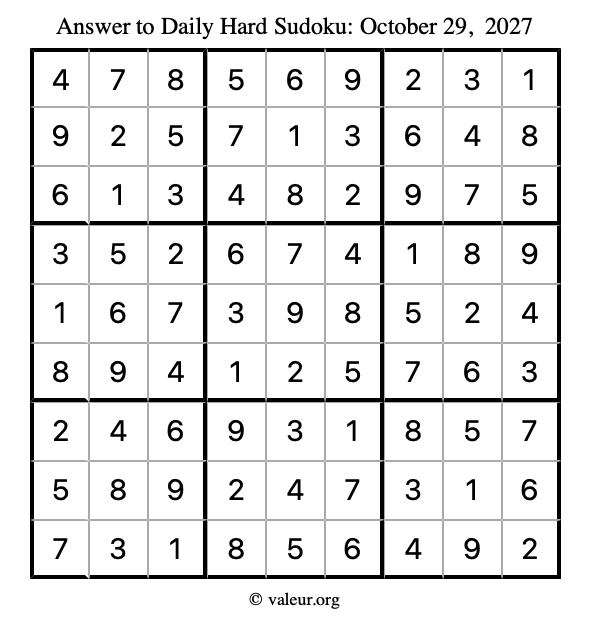 Answer to hard sudoku October 29, 2027
