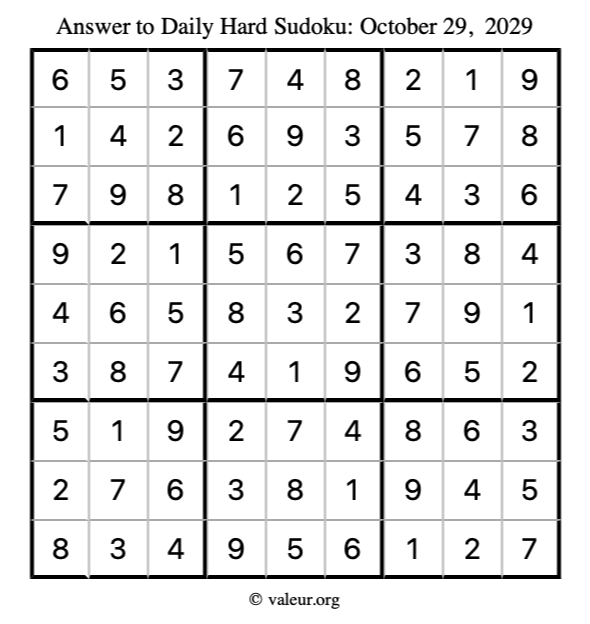 Answer to hard sudoku October 29, 2029