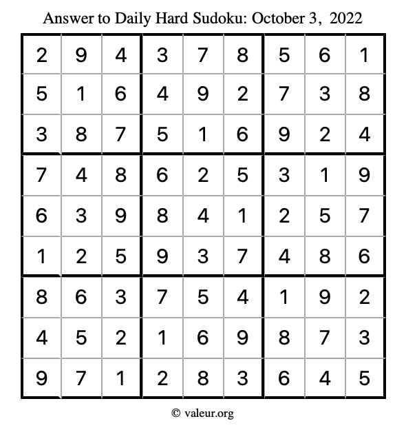 Answer to hard sudoku October 3, 2022