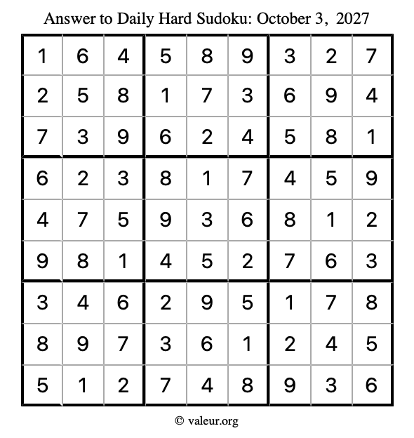 Answer to hard sudoku October 3, 2027