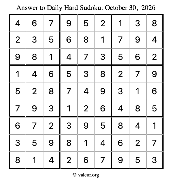 Answer to hard sudoku October 30, 2026