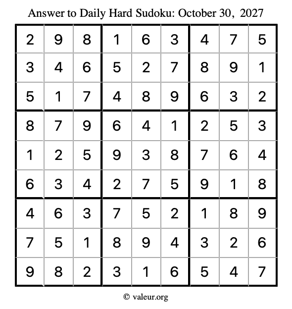 Answer to hard sudoku October 30, 2027