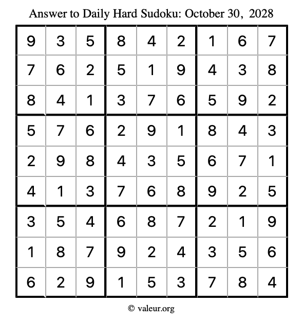 Answer to hard sudoku October 30, 2028