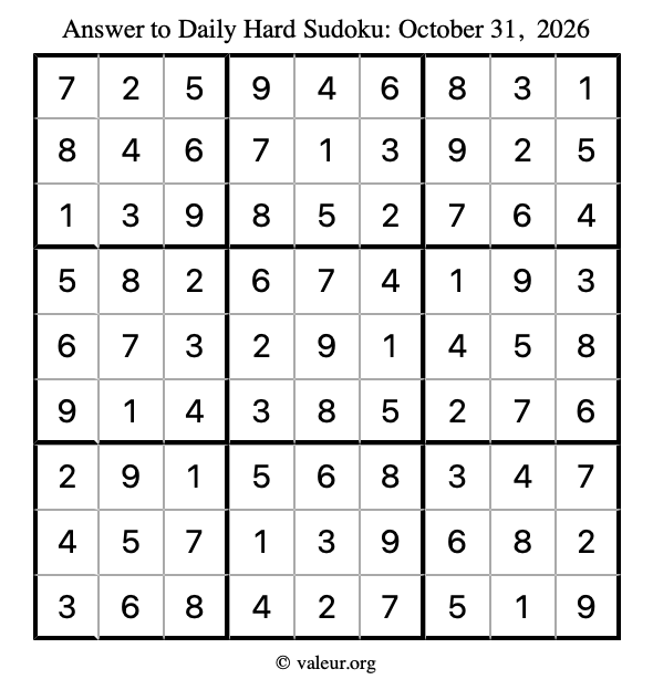 Answer to hard sudoku October 31, 2026