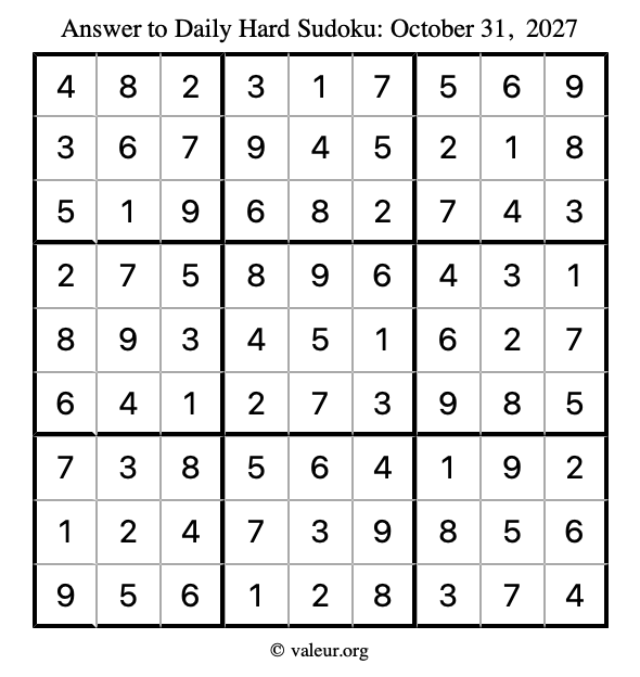 Answer to hard sudoku October 31, 2027
