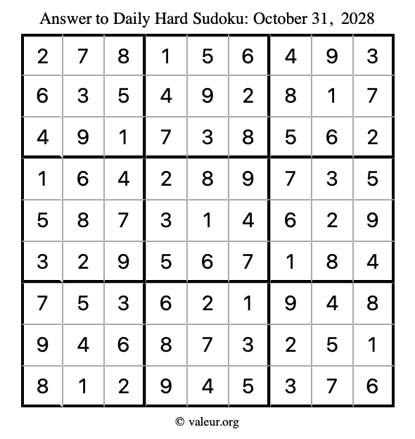 Answer to hard sudoku October 31, 2028