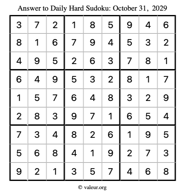 Answer to hard sudoku October 31, 2029