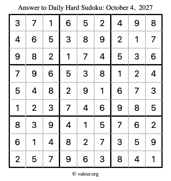 Answer to hard sudoku October 4, 2027