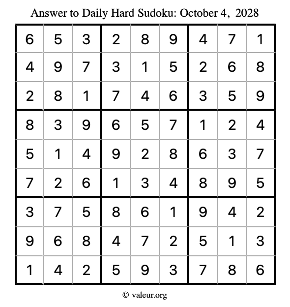 Answer to hard sudoku October 4, 2028