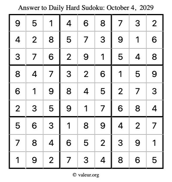 Answer to hard sudoku October 4, 2029