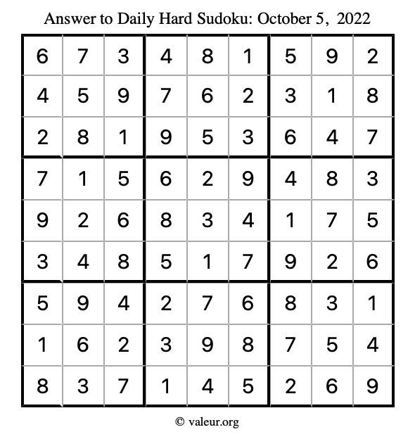 Answer to hard sudoku October 5, 2022